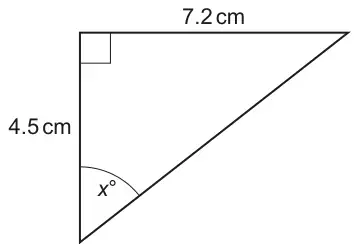 Right-angled triangle with the right angle at the top left. Top side 7.2 cm, left side 4.5 cm, angle x° at the bottom vertex