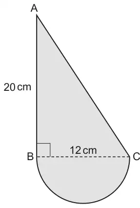 Shaded shape: right-angled triangle ABC with the right angle at B, AB = 20 cm vertical, BC = 12 cm horizontal (dashed), and a semicircle on BC below it