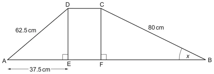 Trapezium ABCD with DC parallel to AB. E and F are on AB with DE and CF perpendicular to AB. AD = 62.5 cm, AE = 37.5 cm, CB = 80 cm, and angle x is at B