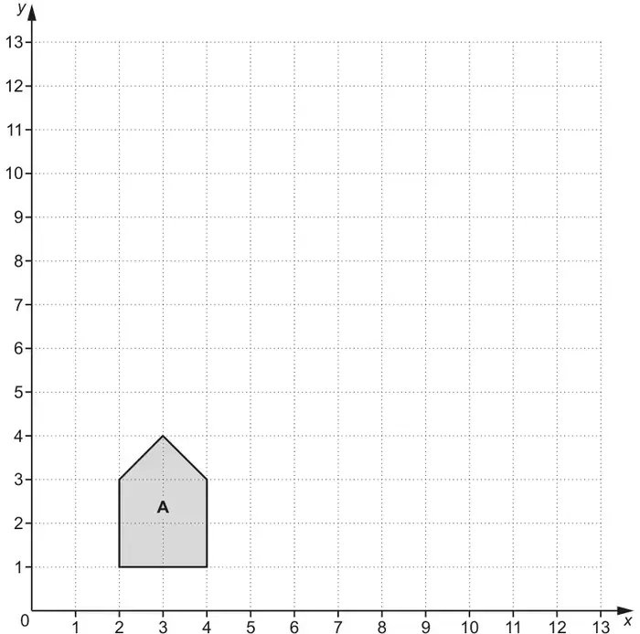 Grid, x from 0 to 13 and y from 0 to 13. Shape A is a pentagon with vertices (2, 1), (4, 1), (4, 3), (3, 4) and (2, 3)