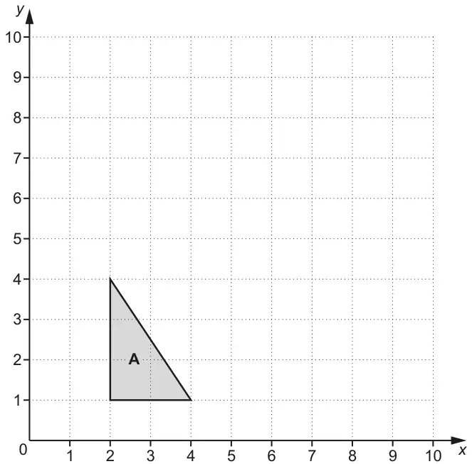 Grid with x and y from 0 to 10. Triangle A has vertices at (2, 1), (4, 1) and (2, 4)