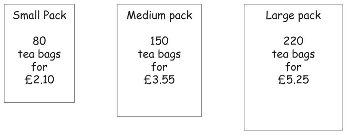 Three packs: Small Pack, 80 tea bags for £2.10. Medium pack, 150 tea bags for £3.55. Large pack, 220 tea bags for £5.25