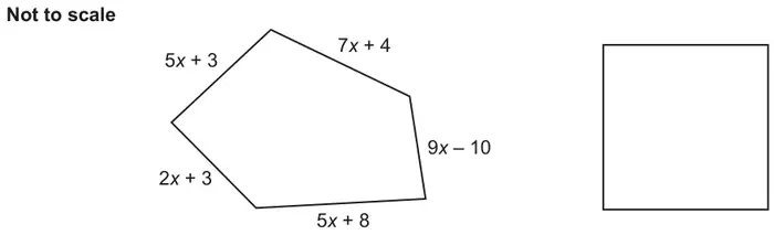 A pentagon with sides 5x + 3, 7x + 4, 9x − 10, 5x + 8 and 2x + 3, and a square