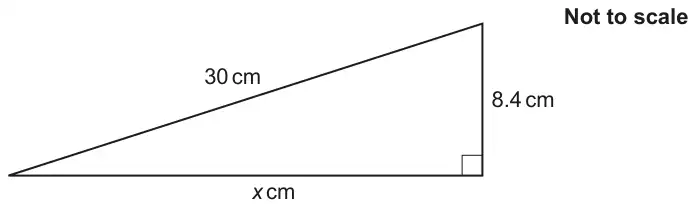Right-angled triangle with hypotenuse 30 cm, vertical side 8.4 cm and horizontal side x cm; the right angle is between the 8.4 cm side and the x cm side