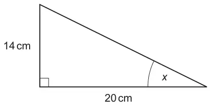 Right-angled triangle with vertical side 14 cm, base 20 cm and angle x at the right-hand end of the base