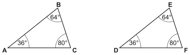 Triangles ABC and DEF, each with angles 36 degrees, 64 degrees and 80 degrees and no lengths given