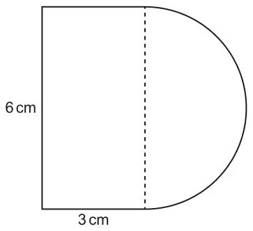 Rectangle 3 cm wide and 6 cm tall with a semicircle on its right-hand 6 cm side; the join is shown dashed