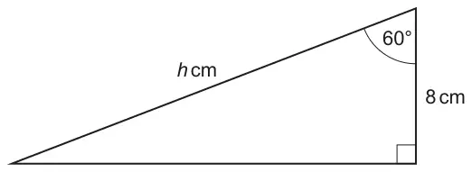 Right-angled triangle with the right angle at the bottom right. The vertical side is 8 cm, the angle at the top is 60° and the hypotenuse is h cm