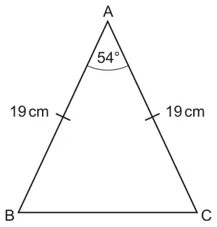 Isosceles triangle ABC with AB = AC = 19 cm and angle BAC = 54°