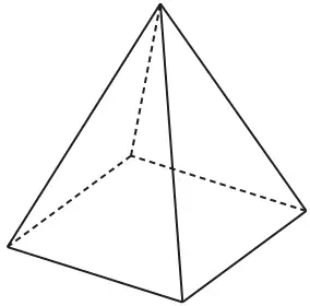 A solid with a quadrilateral base and four triangular faces meeting at a point, hidden edges dashed
