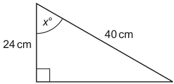 Right-angled triangle with vertical side 24 cm, hypotenuse 40 cm and angle x degrees between them at the top