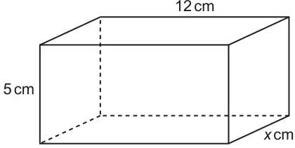 Cuboid with length 12 cm, height 5 cm and depth x cm, hidden edges dashed