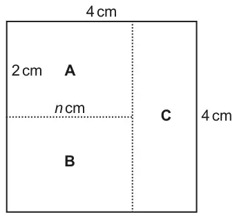 Square of side 4 cm divided into rectangles A, B and C. A is at the top left with width 2 cm and length n cm, B is below A, and C is the strip on the right