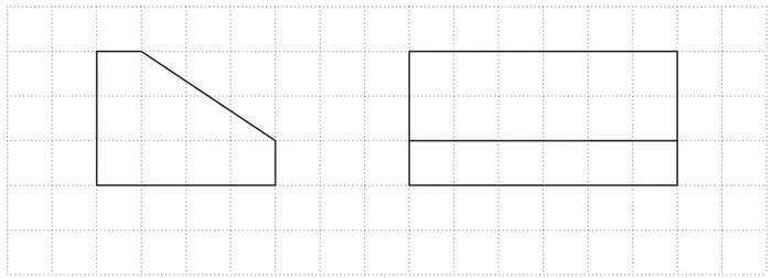 Centimetre square grid showing the front elevation, a pentagon 4 cm wide and 3 cm high with the top right corner cut off diagonally, and the side elevation, a 6 cm by 3 cm rectangle with a horizontal line 1 cm above its base