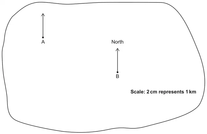 Map outline containing point A with a North arrow, point B with a North arrow below and to the right of A, and the scale: 2 cm represents 1 km