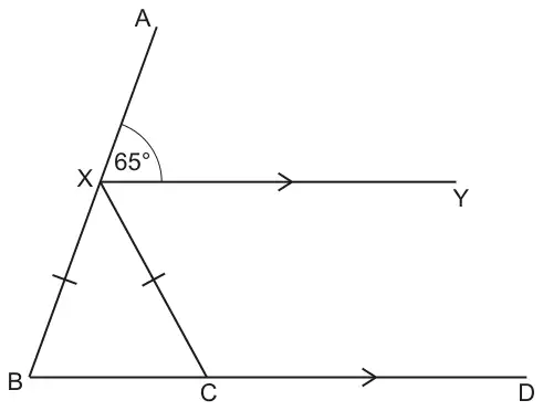 Line AB with X on it; XY parallel to BD with arrows; angle AXY is 65 degrees; XC joins X to C on BD, with XB and XC marked equal