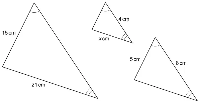 Three similar triangles with matching angles marked. Large triangle: sides 15 cm and 21 cm. Small triangle: sides 4 cm and x cm. Middle triangle: sides 5 cm and 8 cm