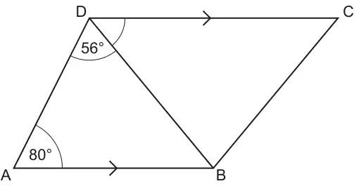 Quadrilateral ABCD with AB parallel to DC and diagonal DB. Angle DAB is 80 degrees and angle ADB is 56 degrees