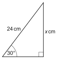 Right-angled triangle with hypotenuse 24 cm, angle 30° at the bottom left, and side x cm opposite the 30° angle