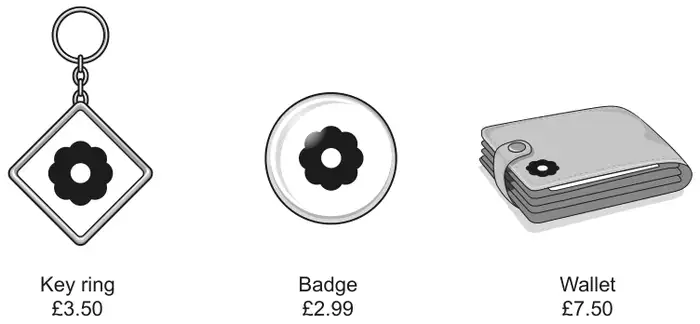 Key ring £3.50, Badge £2.99, Wallet £7.50
