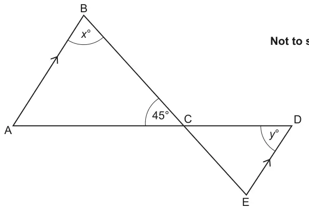 Lines AD and BE cross at C. Triangle ABC has angle x at B and angle 45 degrees at C (angle BCA). Triangle CDE has angle y at D. AB and ED are marked parallel