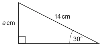 Right-angled triangle with hypotenuse 14 cm, angle 30 degrees, and side a cm opposite the 30 degree angle