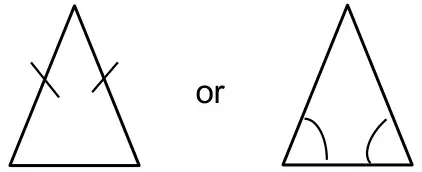 Two acceptable answers: the triangle with a dash on each of the two equal sides, or with an arc on each of the two equal base angles