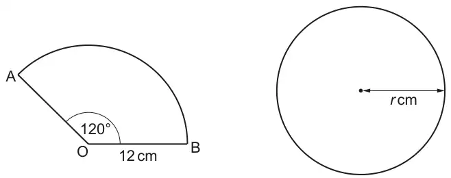 Sector AOB with centre O, radius OB = 12 cm and angle AOB = 120 degrees, and a separate circle with radius r cm