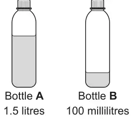 Two identical bottles: bottle A holds 1.5 litres and is about two thirds full; bottle B holds 100 millilitres and has a little water at the bottom