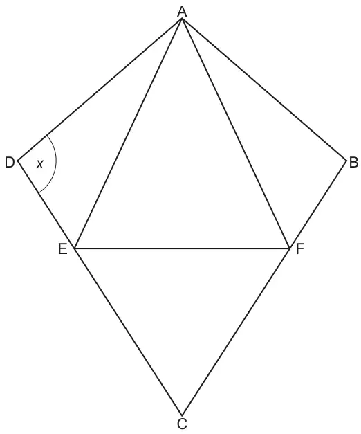 Kite ABCD with A at the top and C at the bottom. E lies on DC and F lies on BC; triangles AFE and CEF are equilateral, sharing side EF. Angle x is marked at D