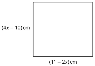 Square with one side labelled (4x − 10) cm and the bottom side labelled (11 − 2x) cm
