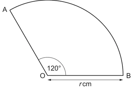 Sector AOB with angle 120 degrees at O and radius OB labelled r cm