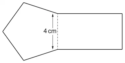 A regular pentagon on the left joined along one side to the 4 cm width of a rectangle on the right