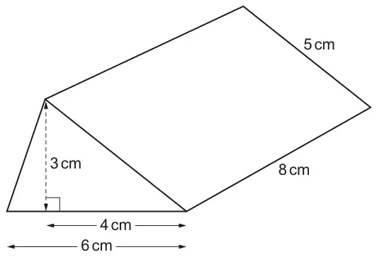 Triangular prism 8 cm long. The triangular end has base 6 cm and height 3 cm; the top vertex is above a point 4 cm from one end of the base. The sloping edge along the top is 5 cm