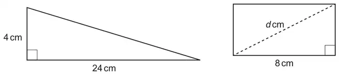 Right-angled triangle with perpendicular sides 4 cm and 24 cm; rectangle with width 8 cm and a dashed diagonal d cm
