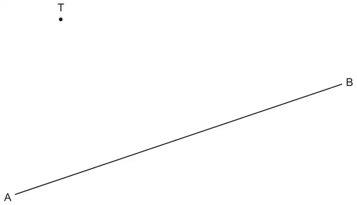 Point T above a straight line segment AB that slopes up from A on the left to B on the right
