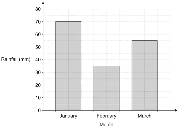 Bar chart of rainfall (mm) by month: January 70, February 35, March 55, on a vertical scale from 0 to 80