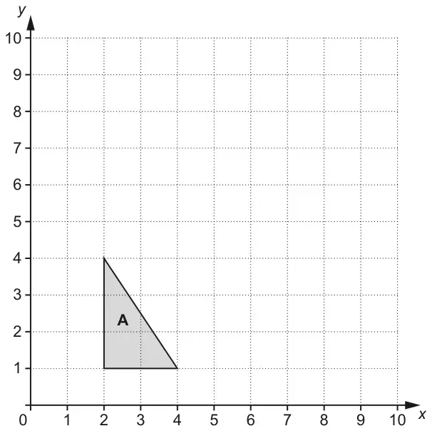 Coordinate grid with x and y from 0 to 10. Triangle A has vertices (2, 1), (4, 1) and (2, 4)