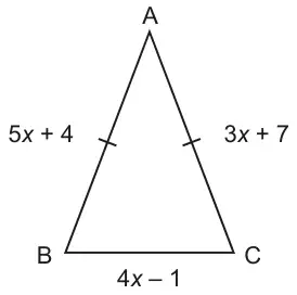 Isosceles triangle ABC with A at the top; AB = 5x + 4, AC = 3x + 7 (both marked equal) and BC = 4x − 1