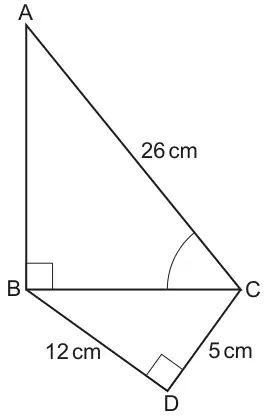 Triangle ABC with a right angle at B and AC = 26 cm, joined along BC to triangle BDC below it with a right angle at D, BD = 12 cm and DC = 5 cm. Angle BCA is marked