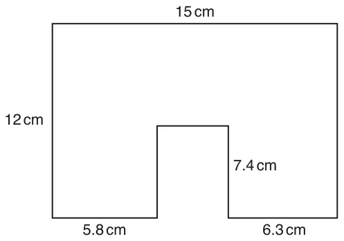 Rectangle 15 cm wide and 12 cm high with a rectangular notch 7.4 cm high cut from the middle of the bottom edge; the bottom edge pieces either side of the notch are 5.8 cm and 6.3 cm