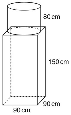 Cylinder of height 80 cm standing on top of a cuboid 90 cm by 90 cm by 150 cm high