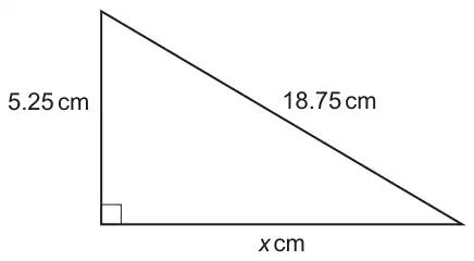 Right-angled triangle with vertical side 5.25 cm, hypotenuse 18.75 cm and horizontal side x cm