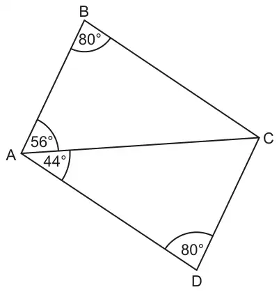 Quadrilateral ABCD split by diagonal AC into triangles ABC and ACD. Angle ABC = 80 degrees, angle BAC = 56 degrees, angle CAD = 44 degrees and angle ADC = 80 degrees