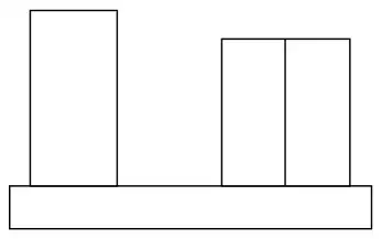 Front view: the base rectangle with the tall left column, and on the right a second column, wider than the first, with a vertical line down its middle and a flat top