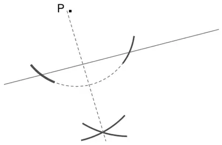 Construction: arcs centred on P cut AB at two points; from these, two arcs intersect below AB; the perpendicular is drawn from P through the intersection