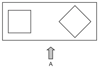 Plan view: a rectangle containing a small square on the left and a square turned through 45 degrees (a diamond) on the right; an arrow labelled A points up at the front edge