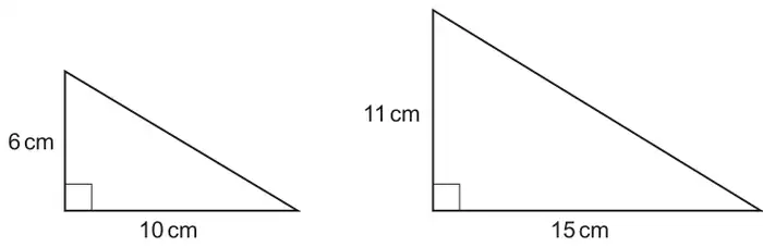 Two right-angled triangles. The first has shorter sides 6 cm (vertical) and 10 cm (horizontal). The second has shorter sides 11 cm (vertical) and 15 cm (horizontal)
