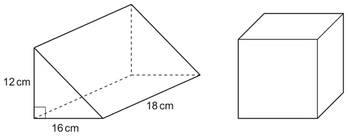 Triangular prism with right-angled triangle ends, height 12 cm and base 16 cm, length 18 cm; and a cube