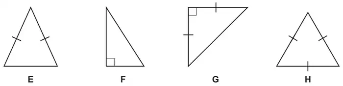 Four triangles: E isosceles with two equal sides marked, F right-angled, G right-angled with the two sides at the right angle marked equal, H equilateral